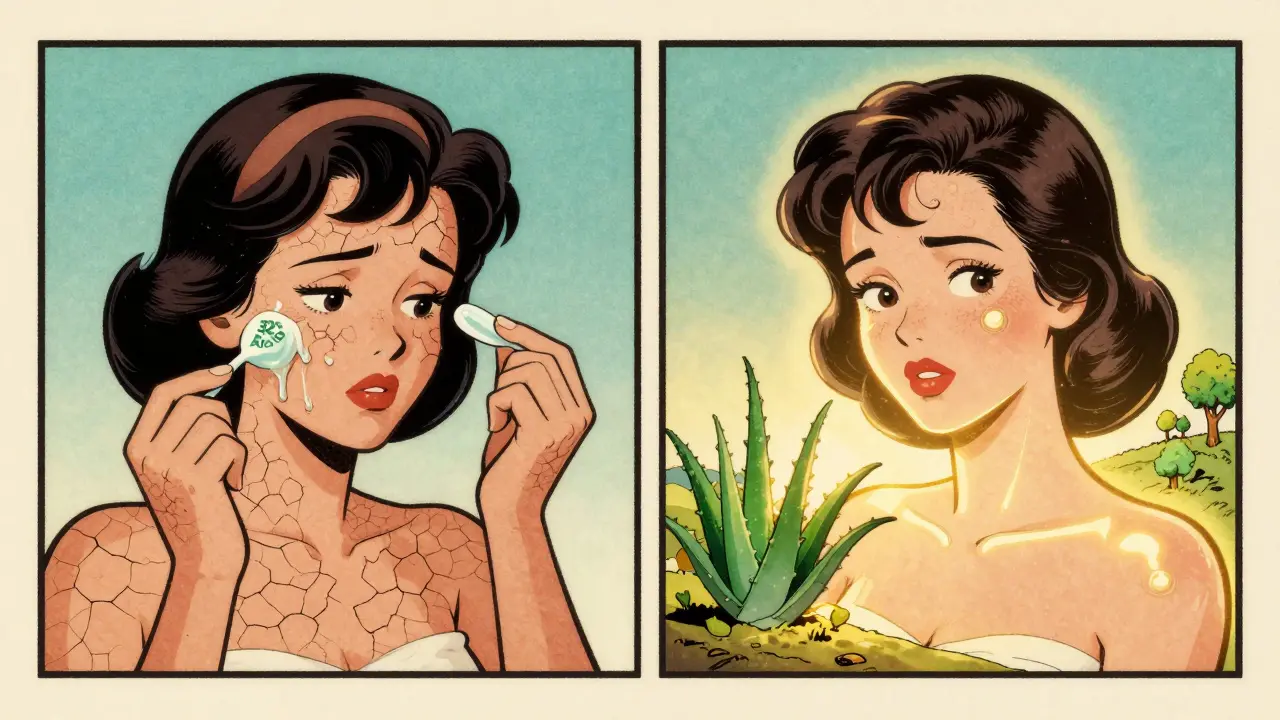 Confronto tra gel di aloe vera scadente e puro, in stile cartoon vintage con espressioni esagerate.