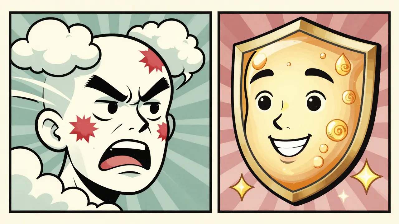 Confronto tra pelle irritata e pelle sana, con elementi protettivi come gocce e stelle, stile cartoon vintage.