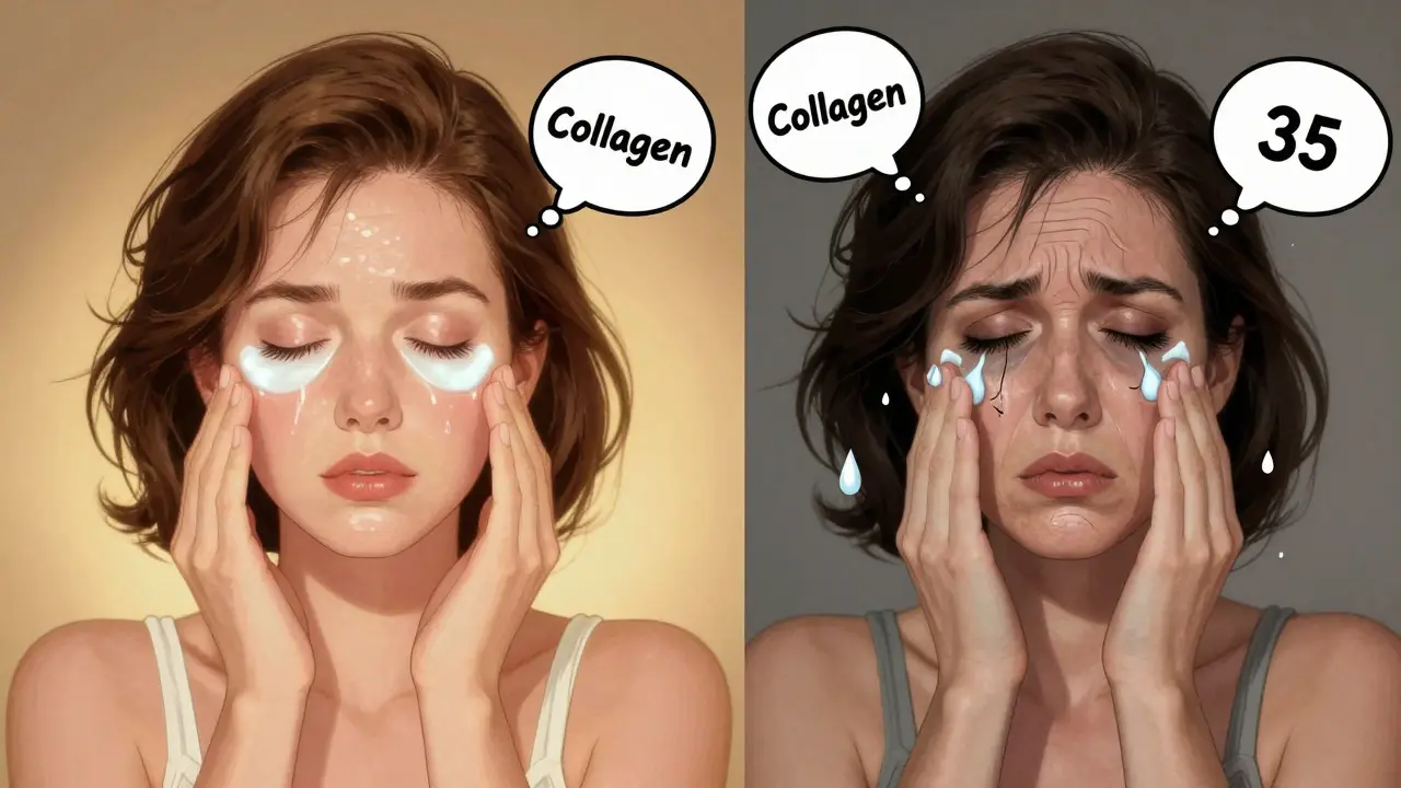 Confronto tra pelle sana a 20 anni e pelle affaticata a 35, con linee di stanchezza e crema inefficace.