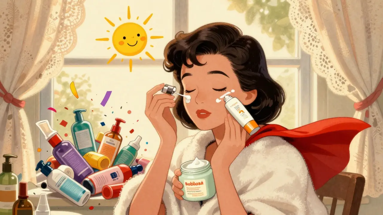 Donna che applica il siero al mattino mentre le bottiglie inutili esplodono in confetti, stile cartone vintage.