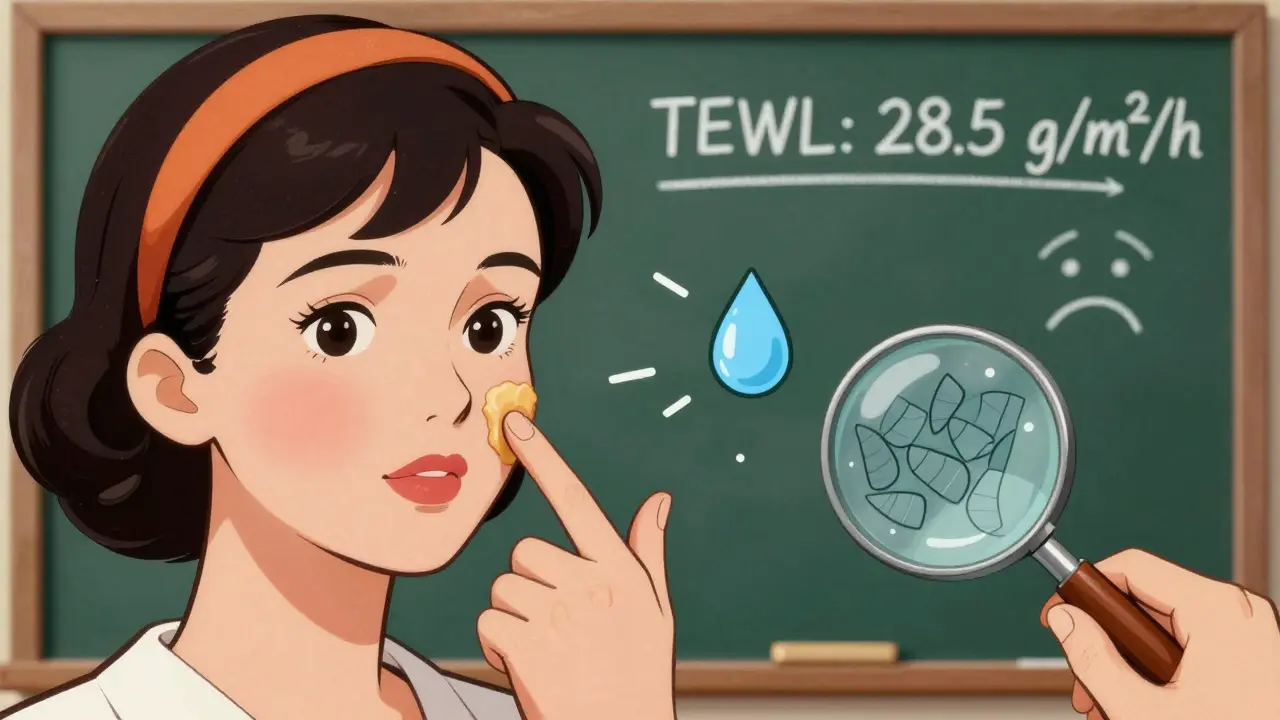 Donna che esegue il test del pizzicotto: la pelle rimane sollevata, mentre accanto una goccia d'acqua torna subito al suo posto.