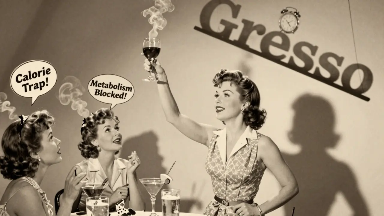 Donna con un solo bicchiere di vino mentre altre bevande esplodono in avvertimenti, ombra che mostra bilancia squilibrata, stile cartone vintage.