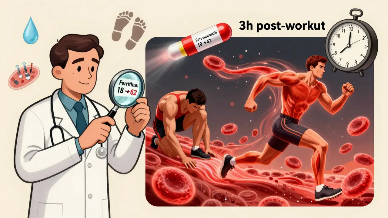 Doppia immagine: atleta stanco vs atleta energico, esame del sangue con ferritina in aumento, capsula di ferro che vola come un razzo.