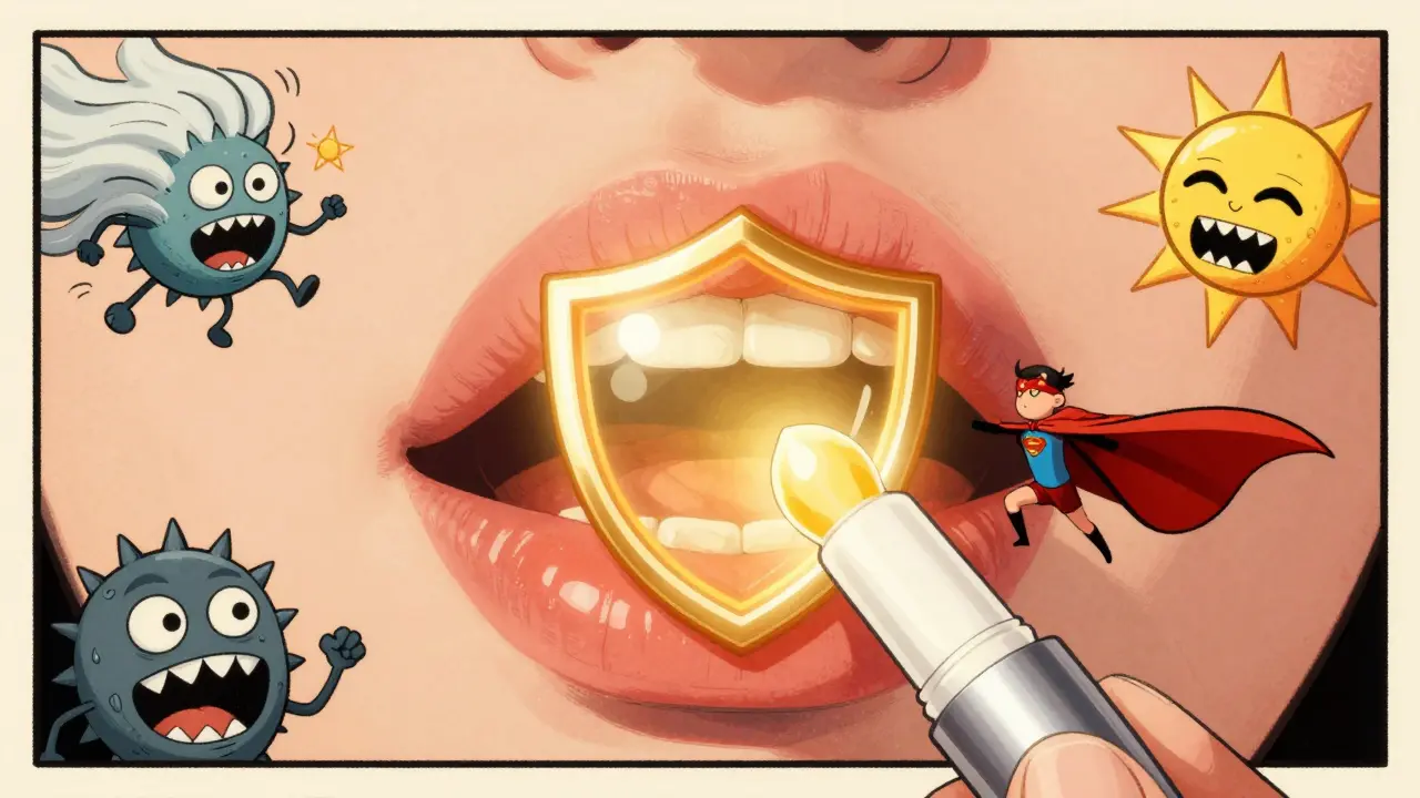 Labbra protette da uno scudo dorato mentre nemici come vento e sole cercano di attaccarle.