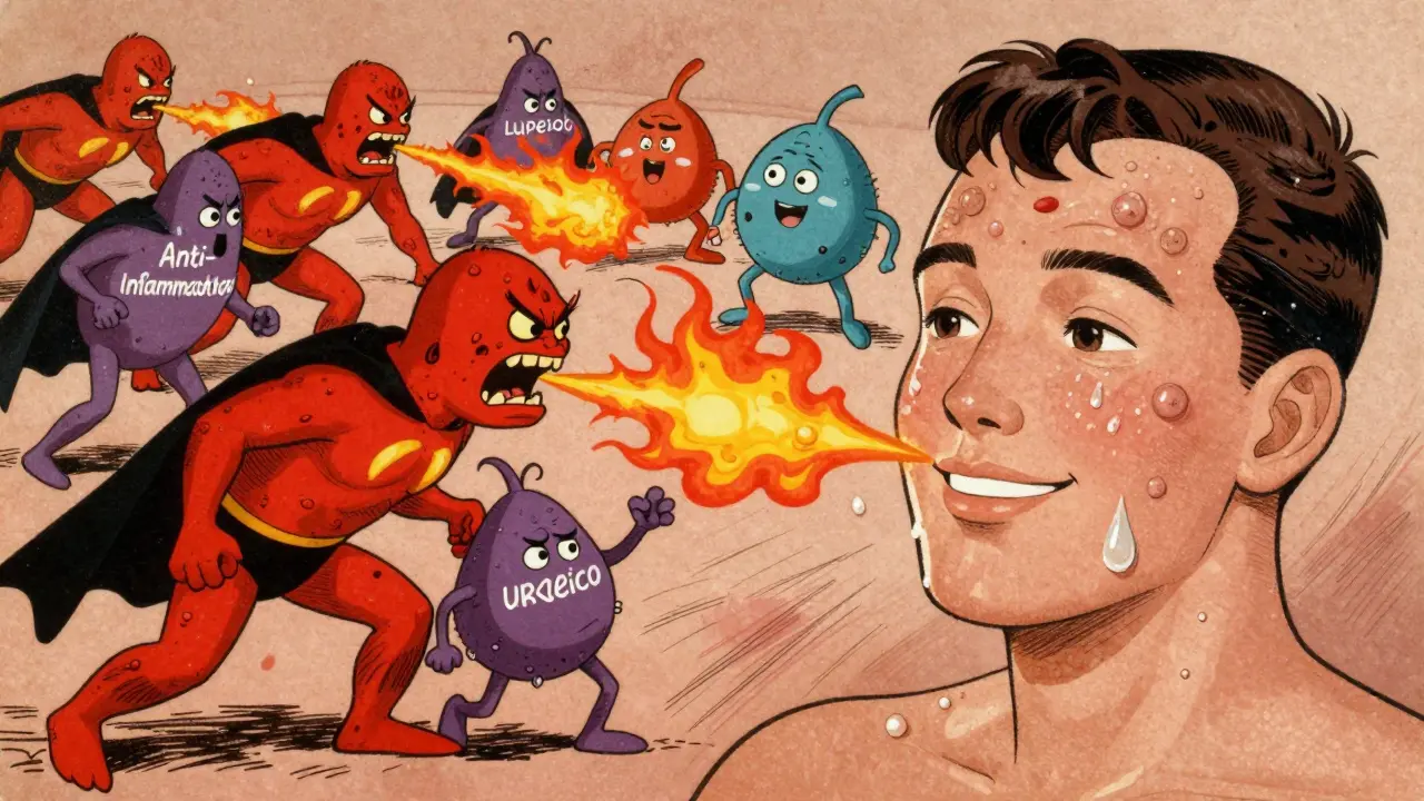 Molecole eroiche che combattono l'infiammazione della pelle in una battaglia cartoonistica.