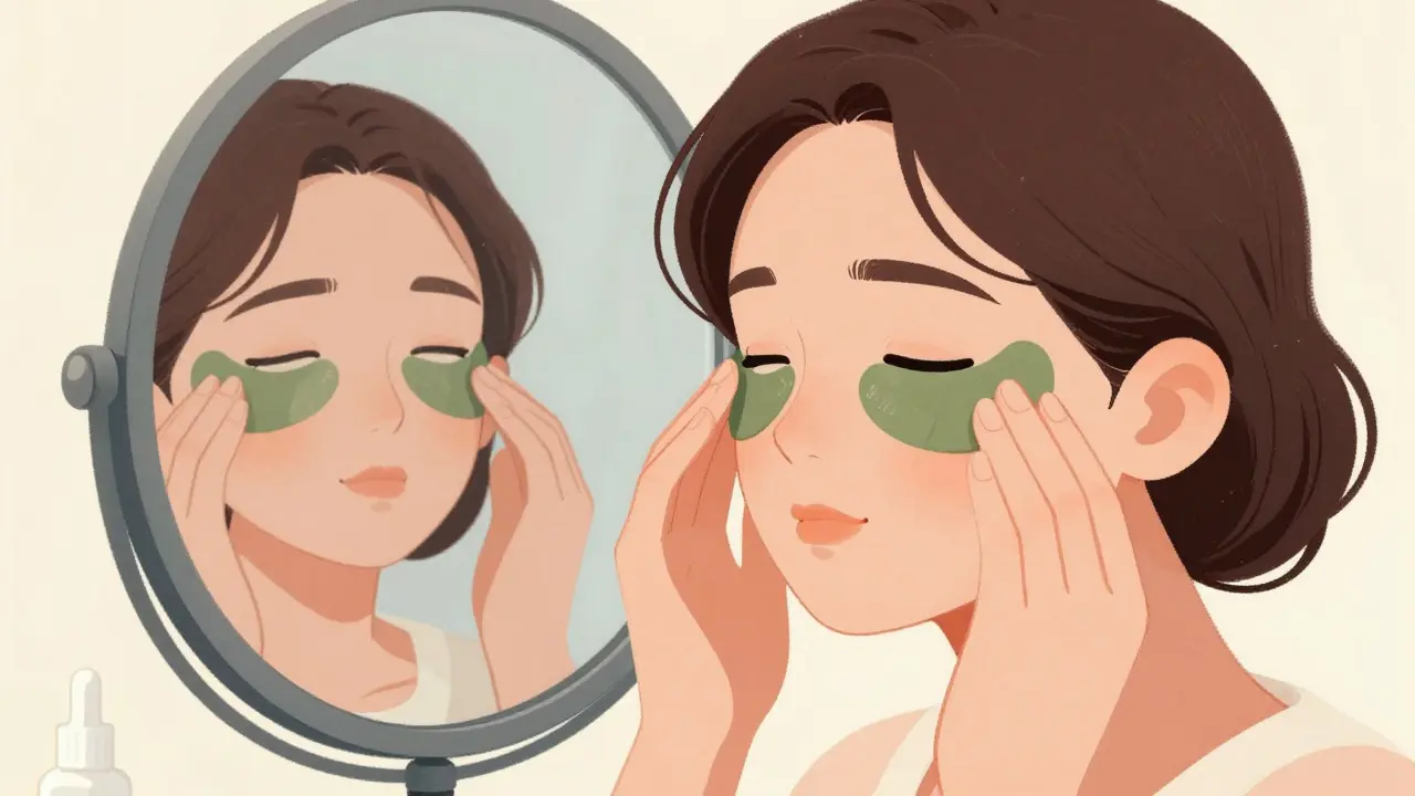 Patch caffeina e siero dopo arrivo, pelle rinnovata allo specchio.