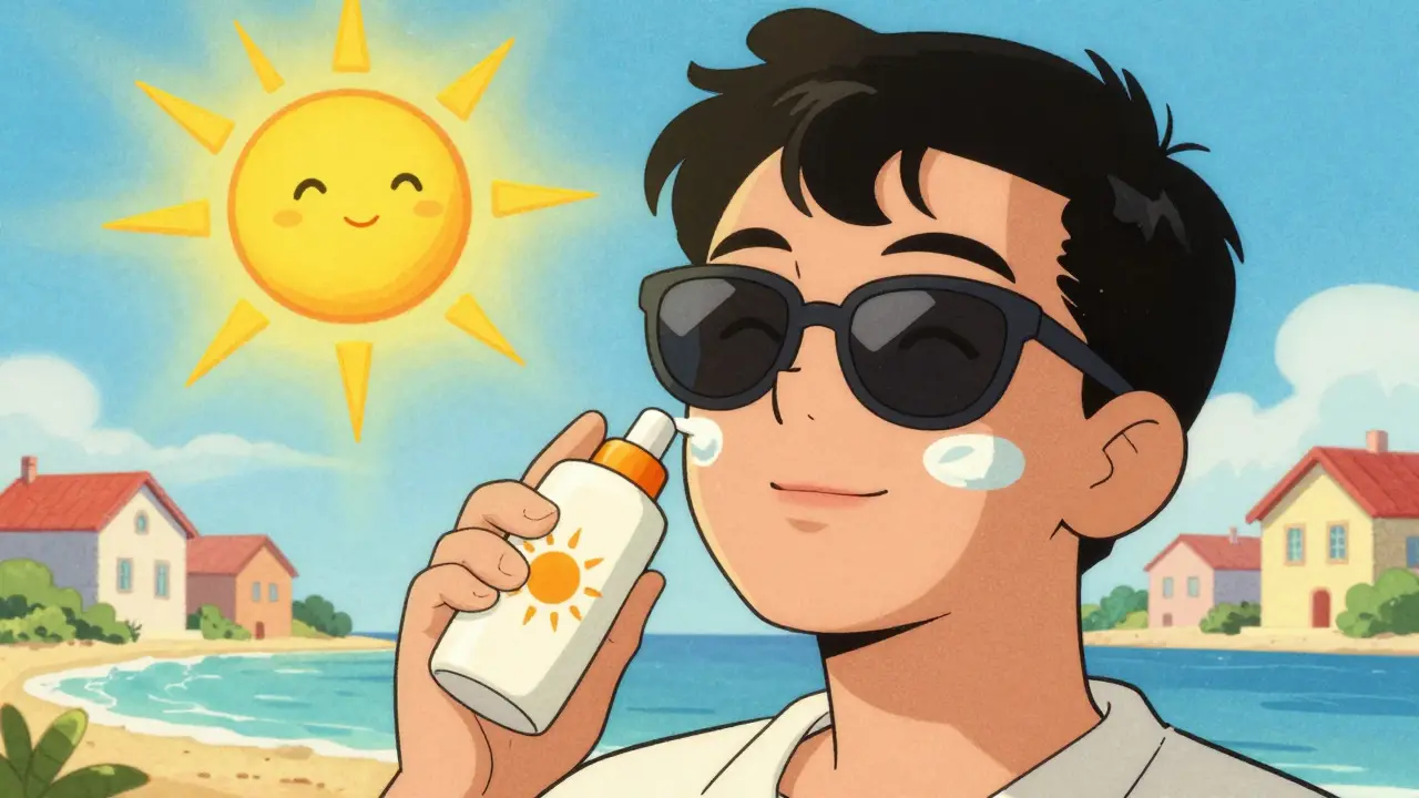 Persona applica crema solare sotto il sole con occhiali da sole.