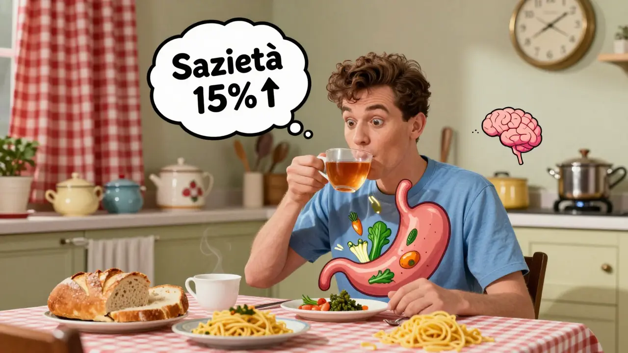 Persona che beve tè al carciofo prima di pranzo, con un palloncino del pensiero che mostra sazietà aumentata.