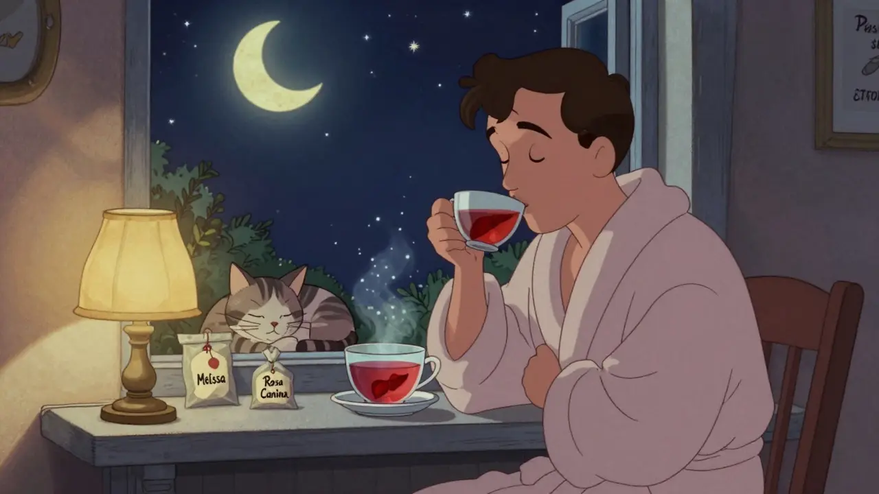 Persona che beve tè alla rosa canina la sera, circondata da simboli di riposo e sonno profondo.