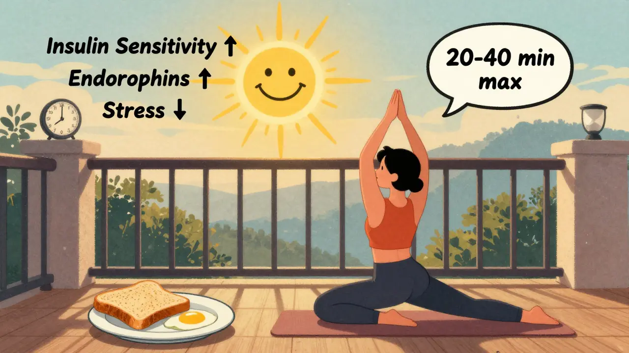 Persona che fa yoga al mattino con una colazione pronta, simboli di benessere e durata ideale dell'allenamento.