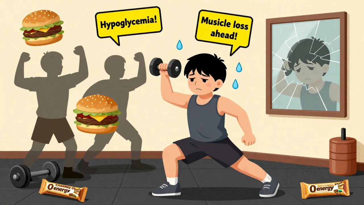 Persona in palestra a digiuno che mostra segnali di allarme come ipoglicemia e perdita muscolare.