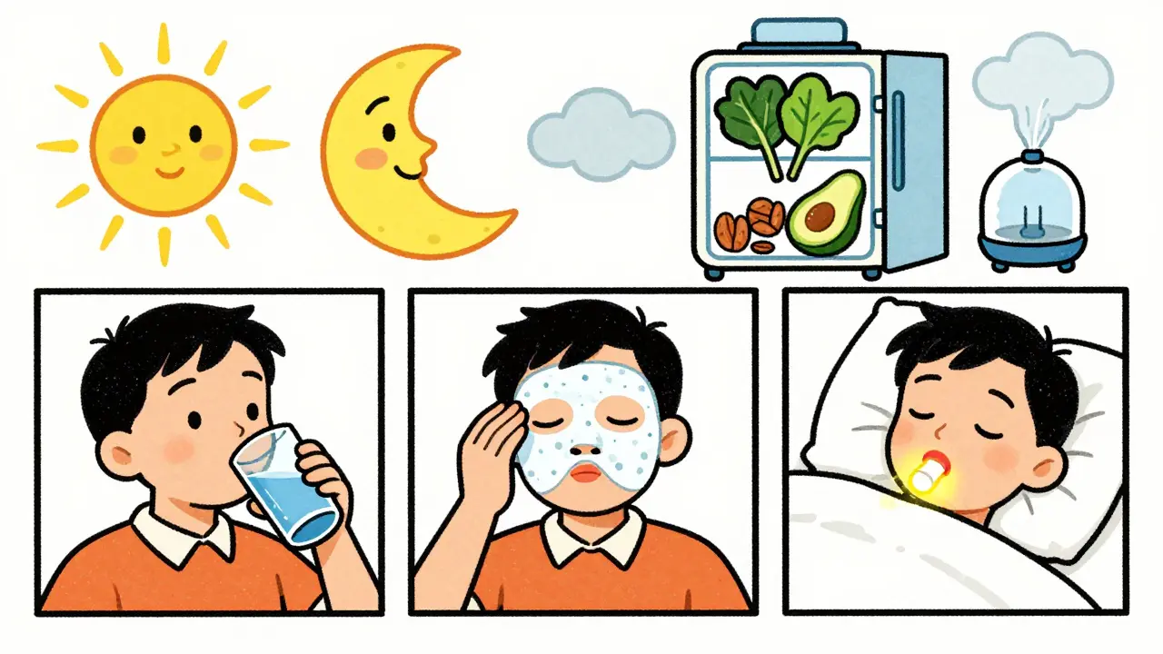 Routine quotidiana per labbra sane: bere acqua, applicare balsamo e dormire con protezione.