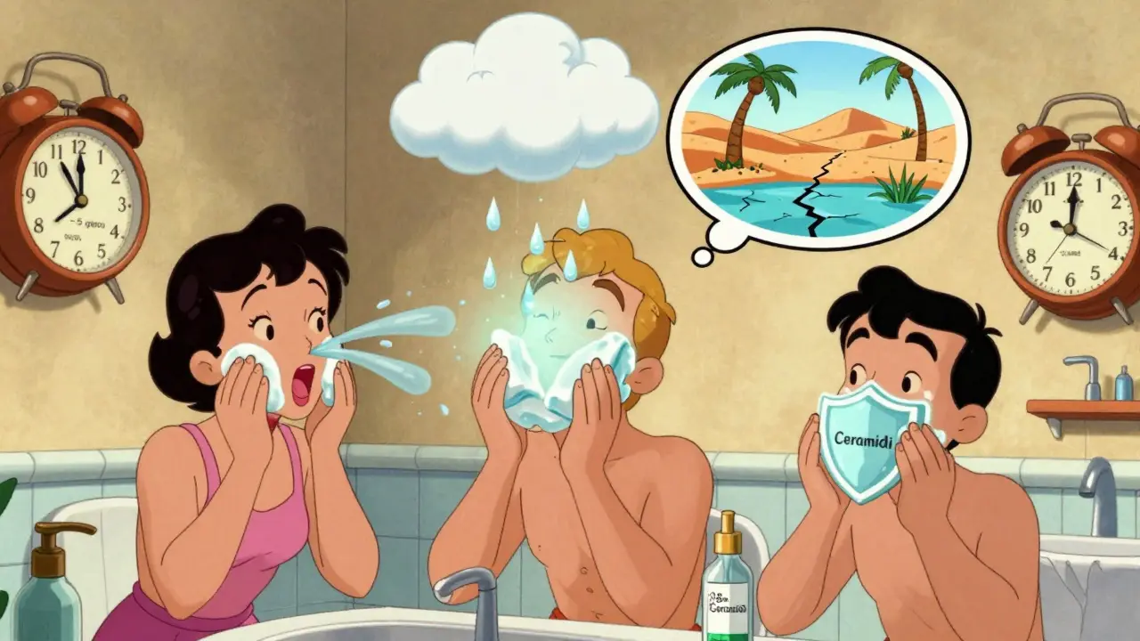 Scena del bagno: tre persone con routine diverse per l'idratazione, una con sapone aggressivo, una con siero luminoso, una con crema barriera.