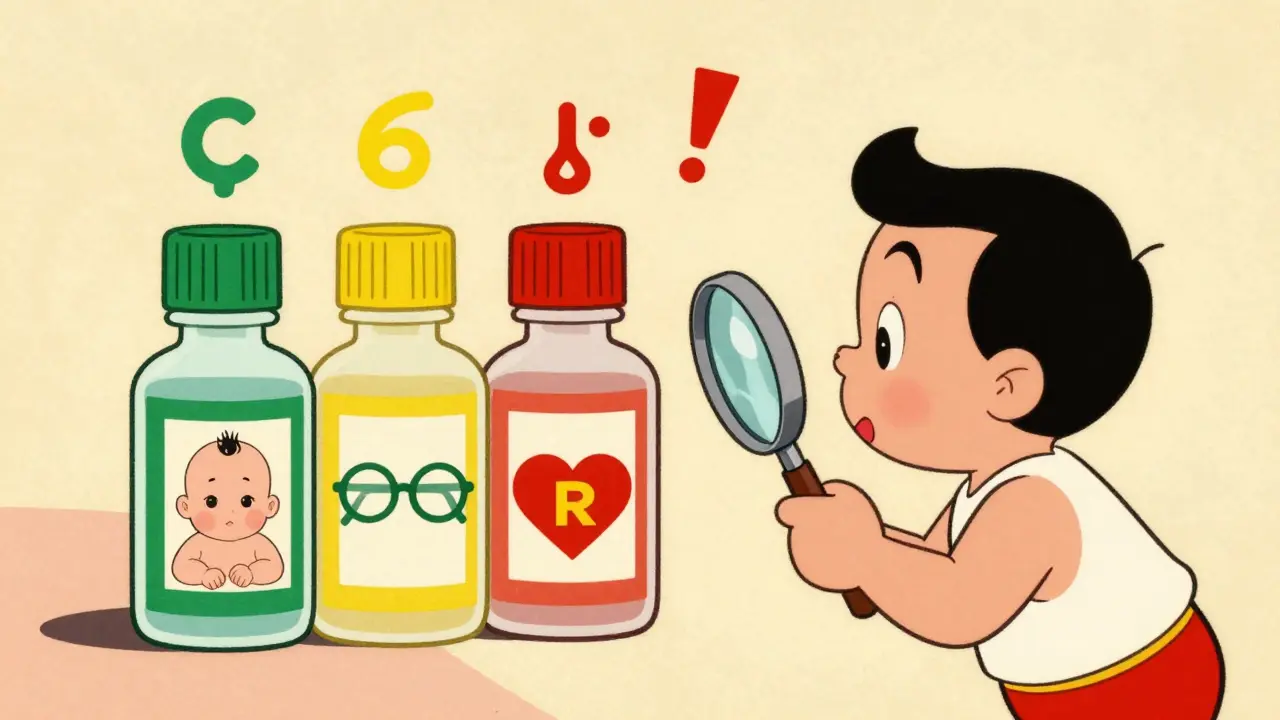 Tre flaconi di siero con tappi colorati e icone, esaminati con lente d'ingrandimento.