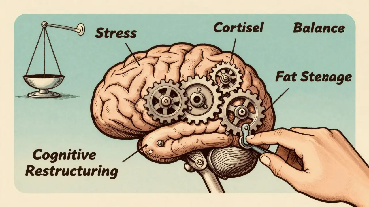 Un cervello meccanico con ingranaggi che cambiano da stress a libertà grazie a un interruttore.