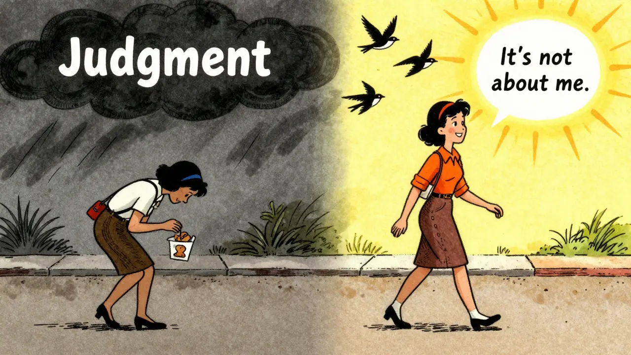 Una donna che cammina su due percorsi diversi: uno oscuro con cibo, l'altro luminoso e sereno.