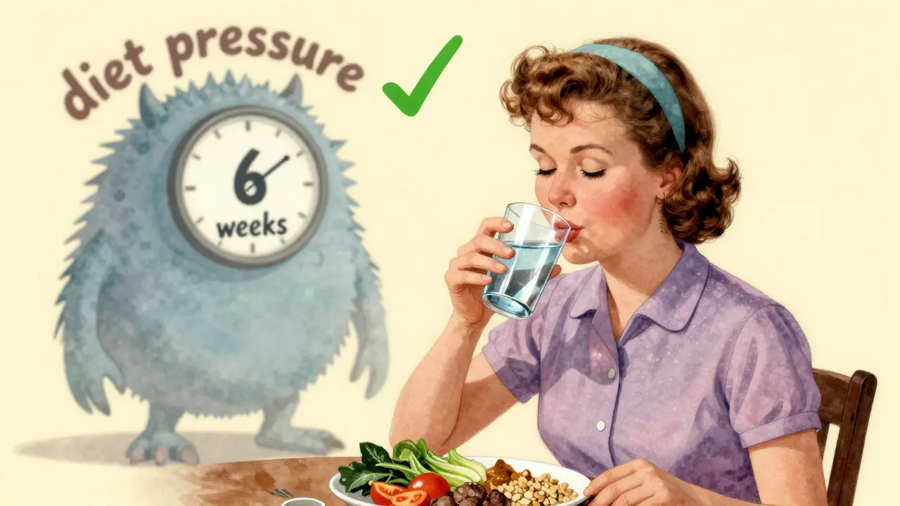 Una madre che mangia cibi sani sei settimane dopo il parto, con un simbolo di approvazione.