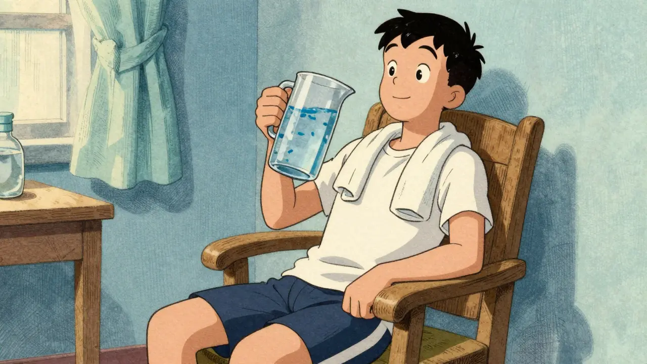 Atleta in recupero dopo lo sport con una bottiglia d'acqua.