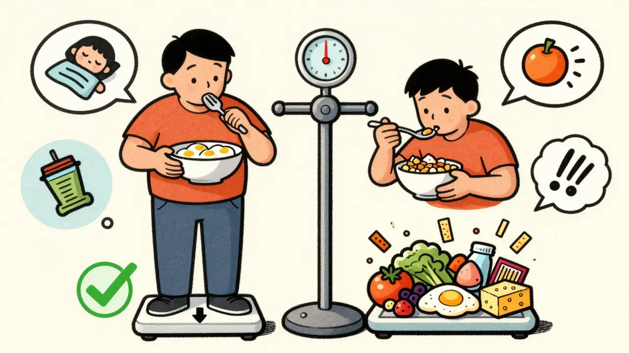 Bilancia che confronta due stili di vita: colazione sana vs. pasti zuccherati, con icone di sonno e movimento intorno.