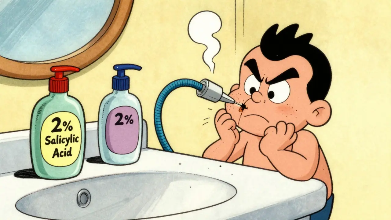 Bottiglia di acido salicilico che pulisce un poro ostruito in uno stile cartone anni '50 con un blackhead che fugge.
