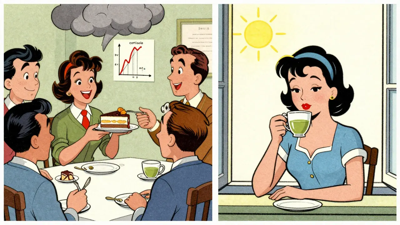 Confronto tra pressione sociale e calma personale, con grafico dell'ormone dello stress in primo piano.
