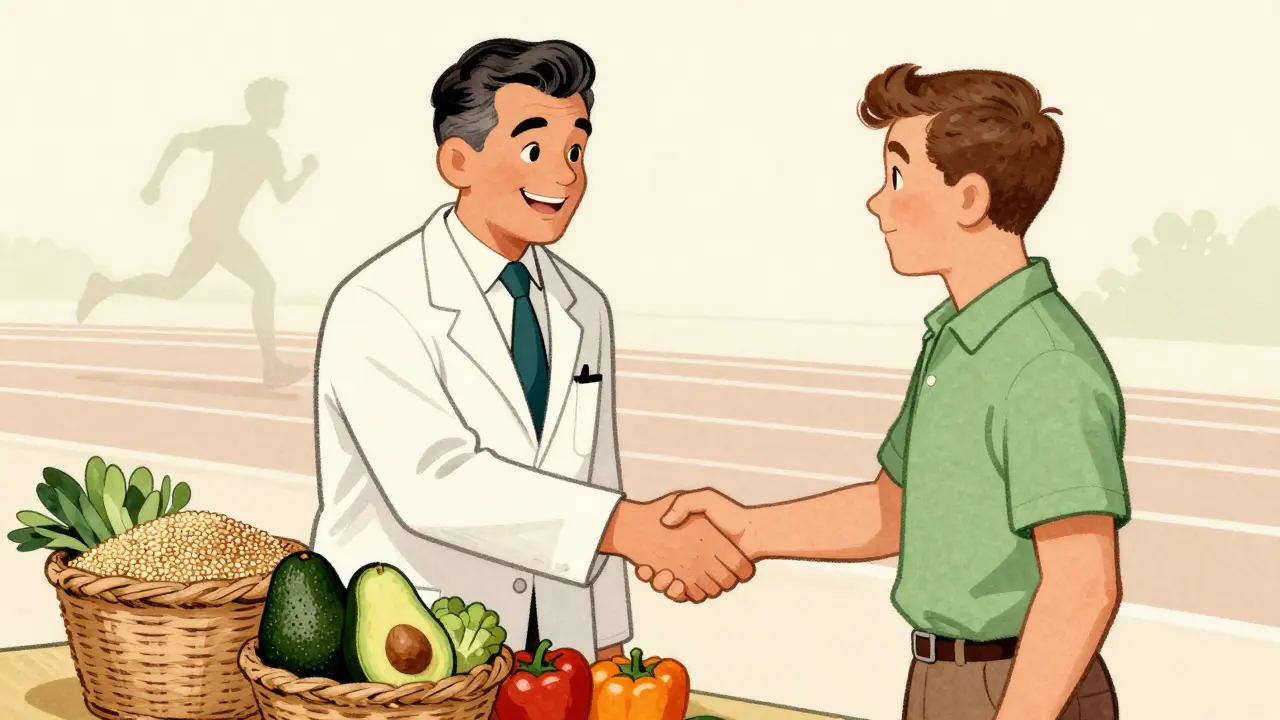 Consulente nutrizionale vintage con frutta e pesi per bilanciare uno stile di vita sano.