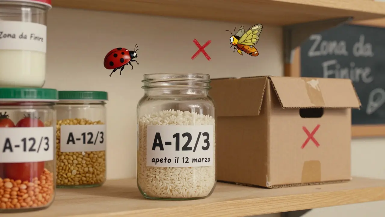 Contenitori trasparenti etichettati con date di apertura, mentre insetti vengono allontanati da un barattolo pulito.