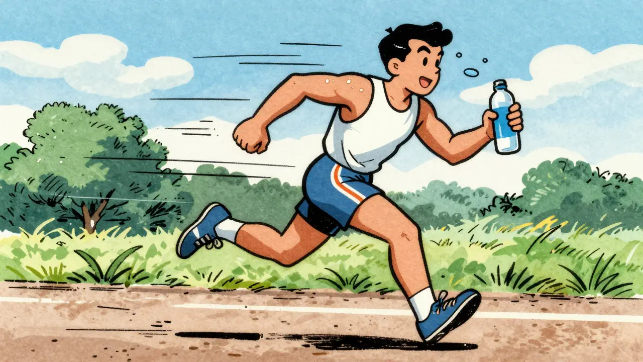 Corridore vintage che si idrata mentre fa esercizio fisico.