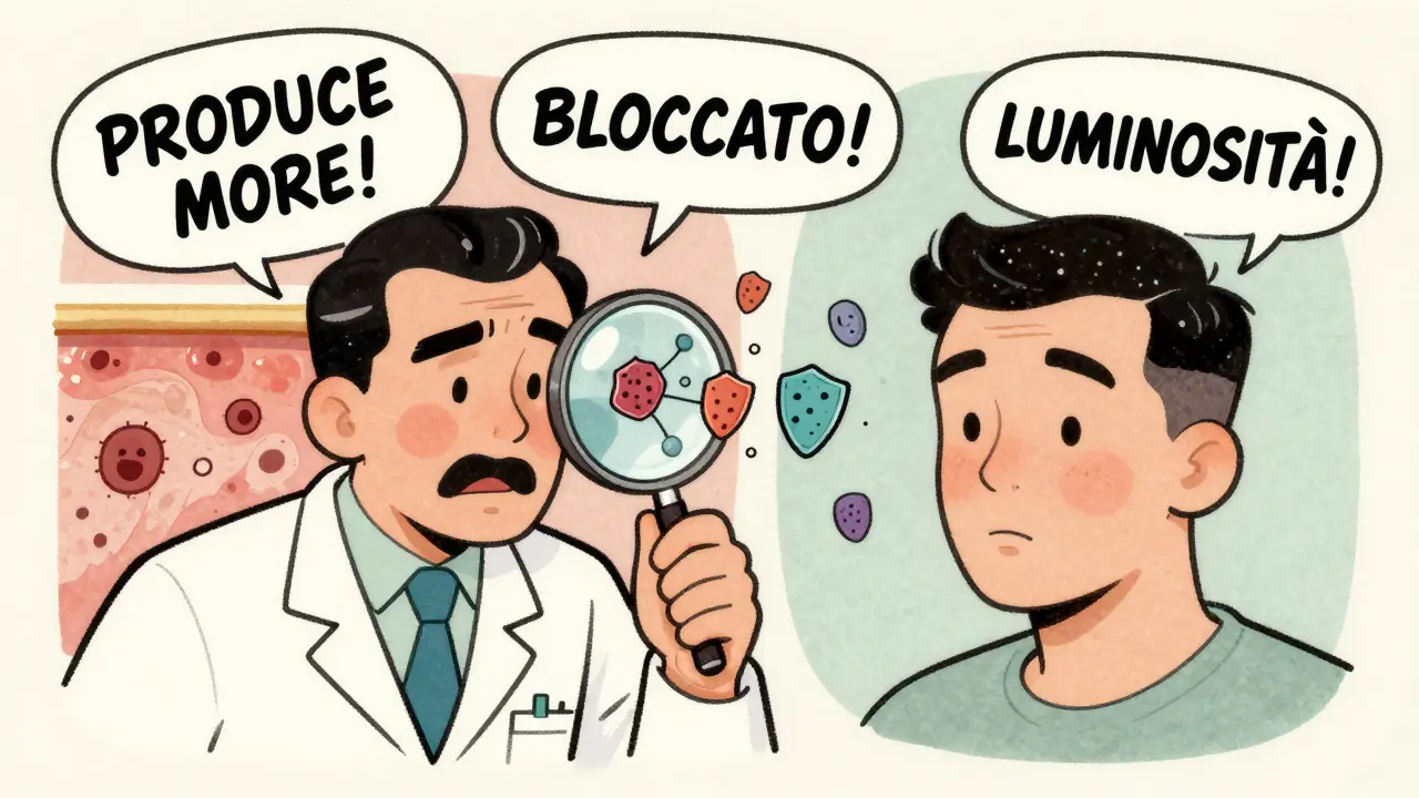 Dermatologo con lente di ingrandimento che mostra enzimi bloccati da molecole di acido tranexamico, pelle scura che diventa uniforme.