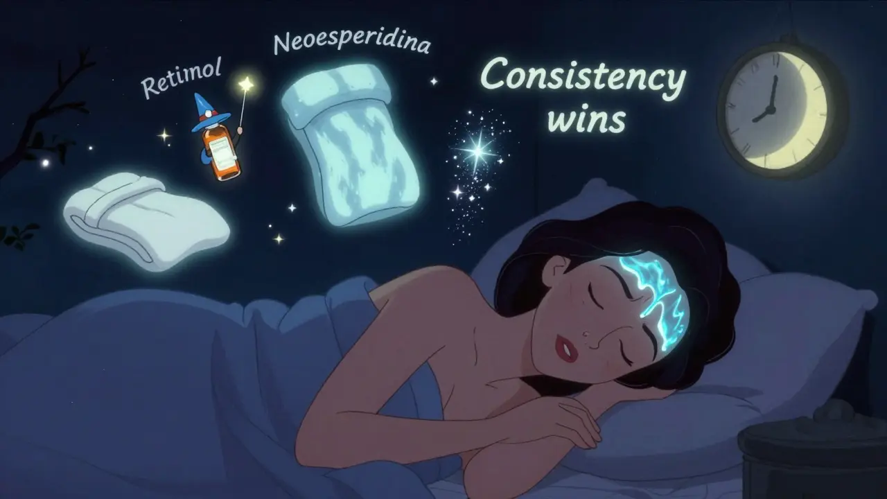 Donna addormentata con ingredienti magici che lisciano le rughe notturne, in stile cartone vintage.