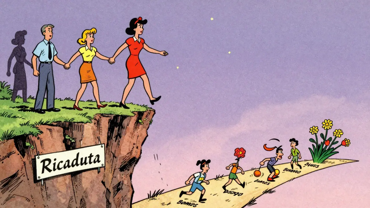 Donna che non cade ma tiene la mano di sé stessa e di altri, su un sentiero di emozioni.