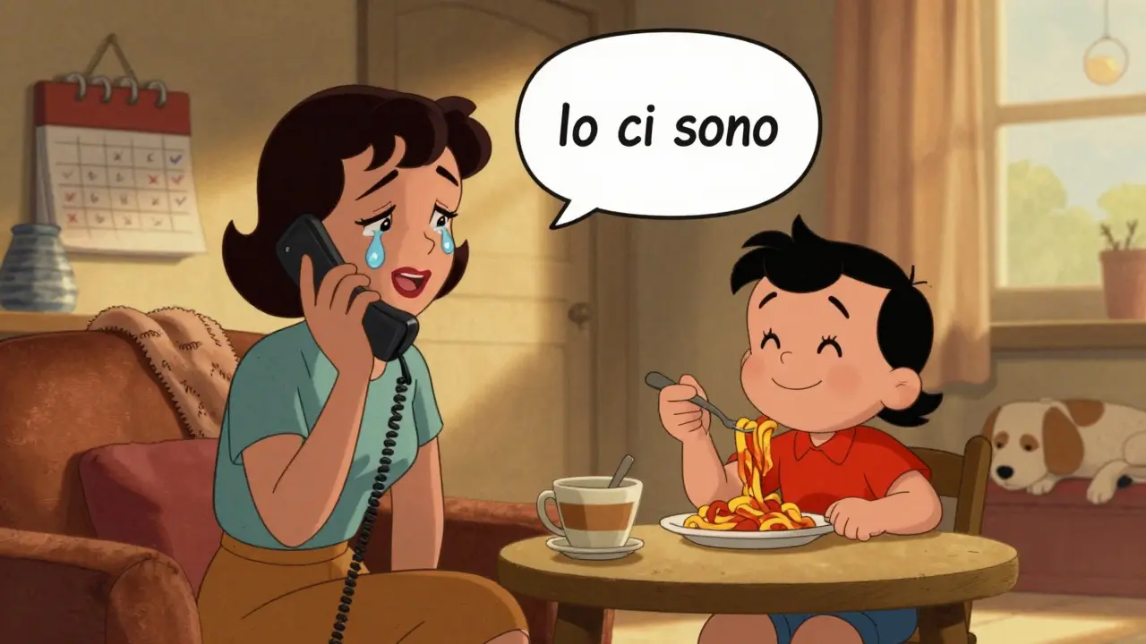 Donna che parla al telefono con un coach, mentre una figura amichevole mangia con lei.