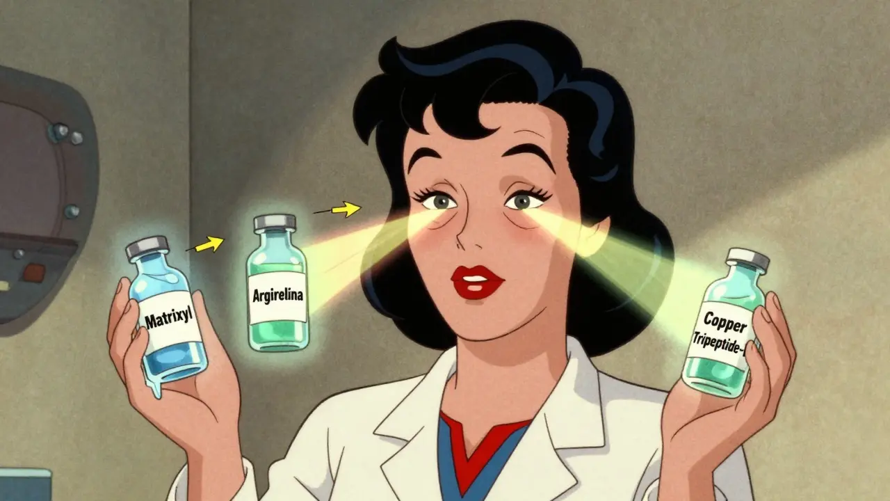 Eroe con vial di peptidi che cura occhiaie, borse e rughe con raggi di energia colorata.