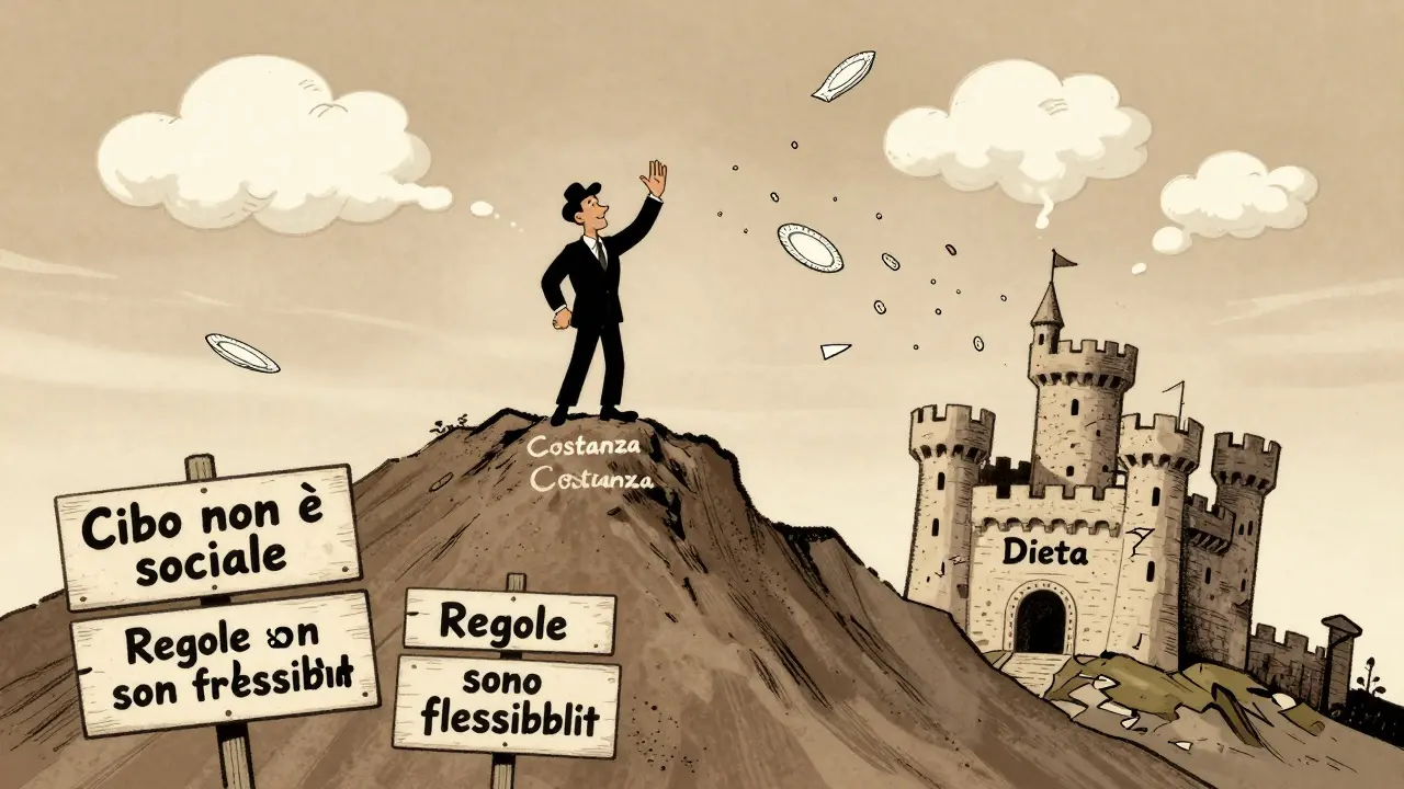 Figura che abbandona una dieta fallita per abbracciare la costanza, con tre regole chiare visibili.