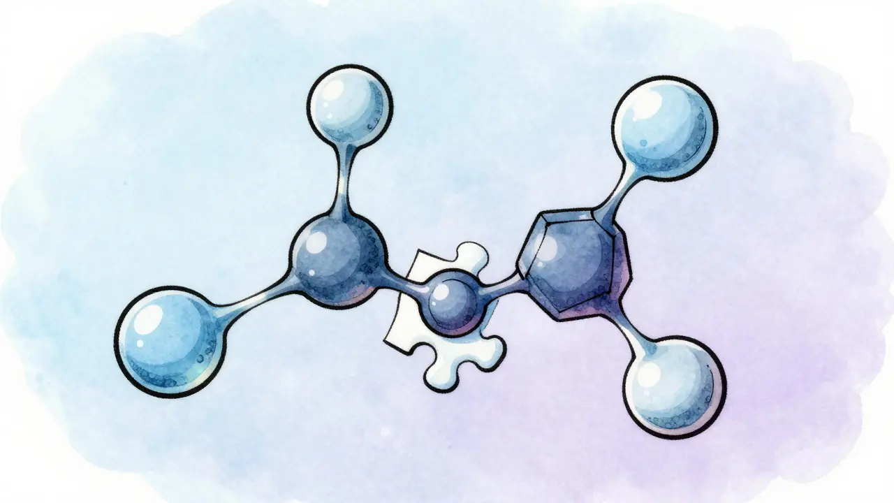 Illustrazione stilizzata di goccioline e forme geometriche che si collegano rappresentando sinergia ingredienti.