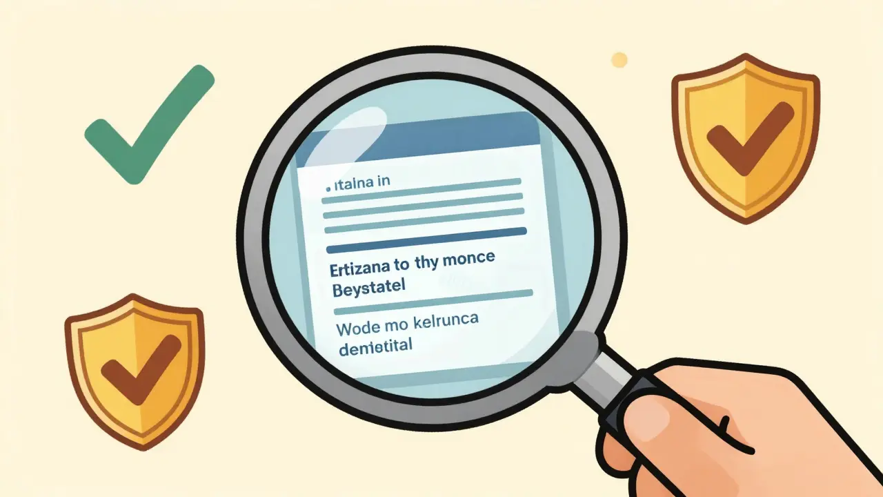 Lente d'ingrandimento su etichetta certificata di sicurezza alimentare.