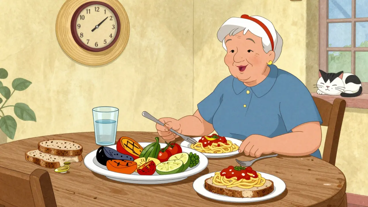 Nonna che serve un pranzo mediterraneo equilibrato con verdure grigliate, pasta e pane integrale.