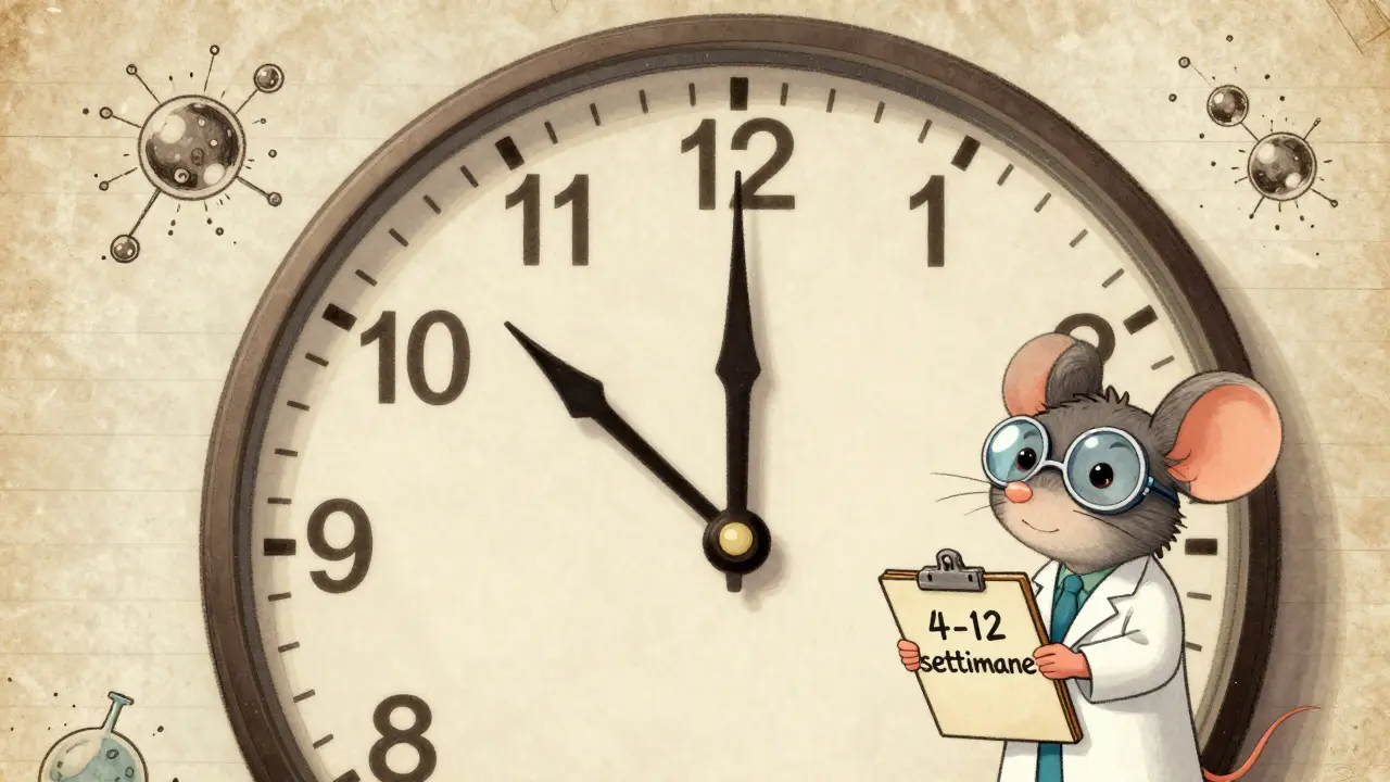 Orologio che mostra l'evoluzione del contorno occhi in 12 settimane con crema come lancetta.