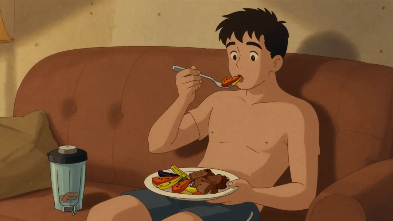 Pasto solido sano dopo l'allenamento serale in stile retrò.