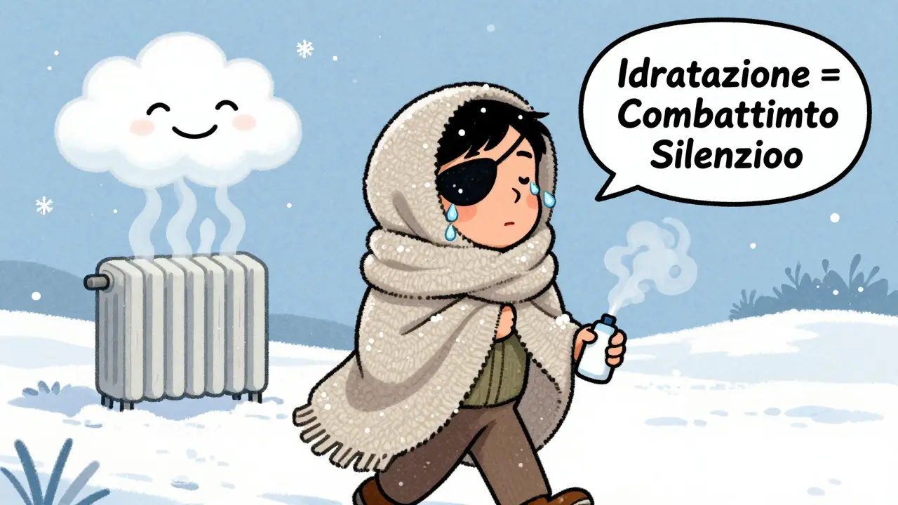 Persona avvolta in una sciarpa morbida che cammina nella neve, con un patch occhi e un umidificatore che rilasciano umidità intorno agli occhi.