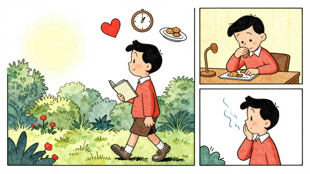 Persona che cammina in un giardino al mattino, con simboli che rappresentano consapevolezza e cambiamento.