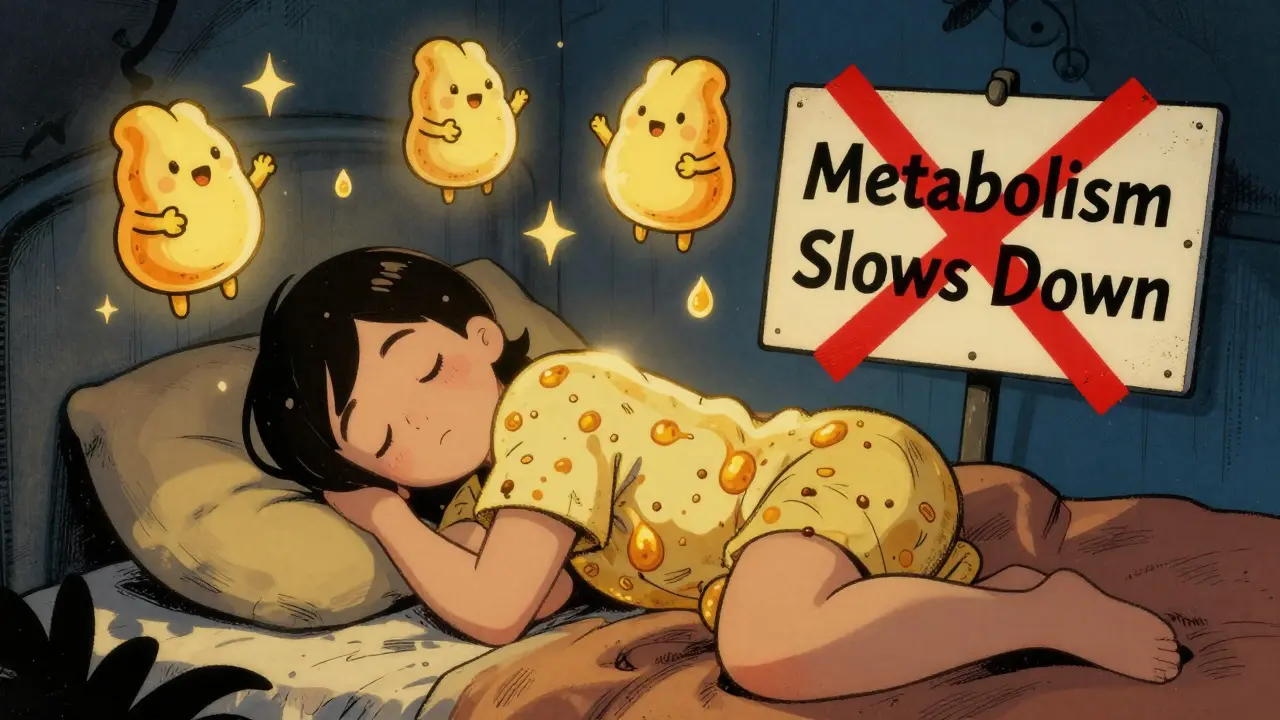 Persona che dorme circondata da ormoni che trasformano grassi in energia, con un segno X su 'metabolismo lento'.
