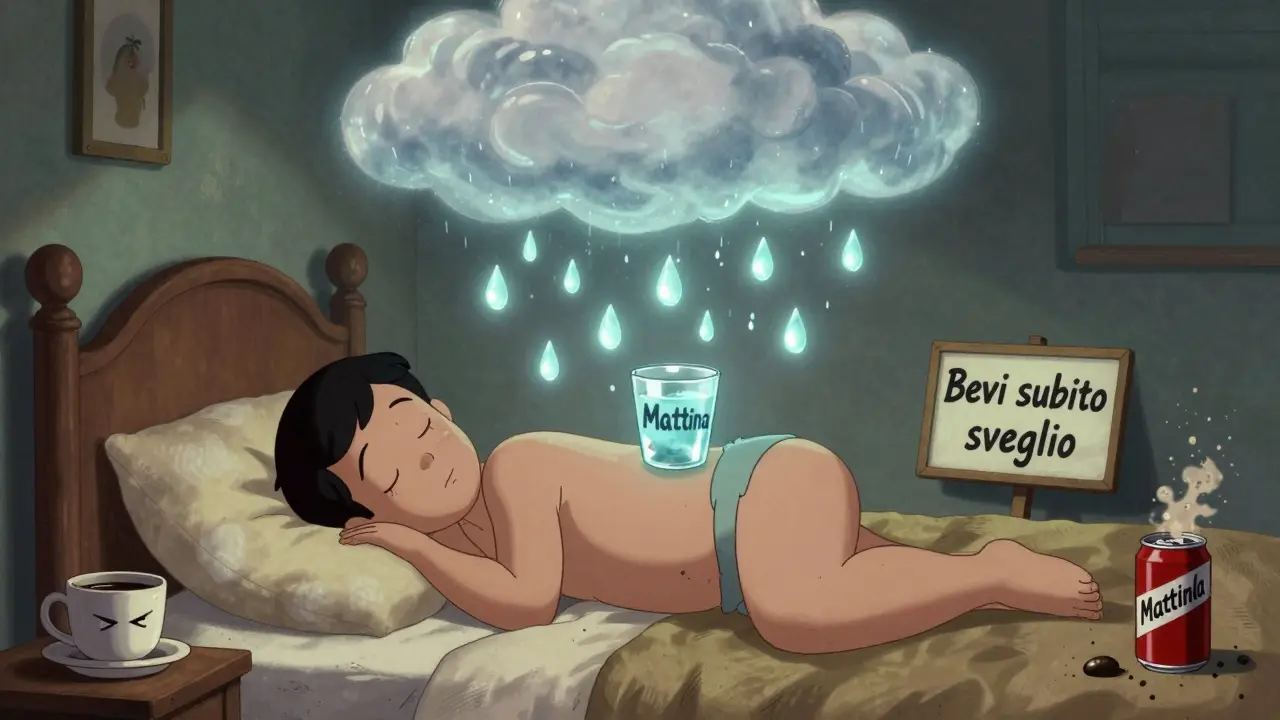 Persona che dorme mentre gocce d'acqua luminose si trasformano in pioggia verso un bicchiere, in stile cartone vintage.