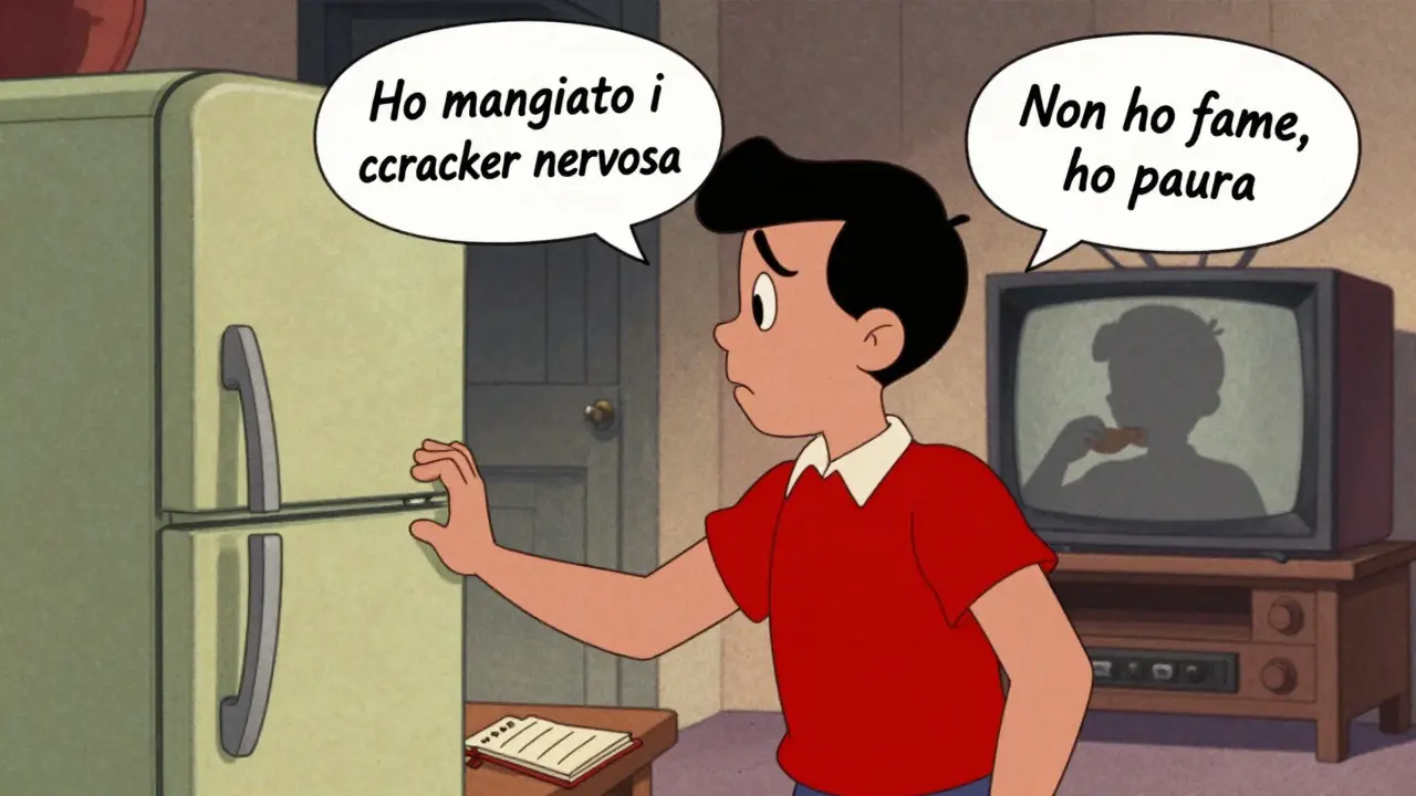 Persona che guarda nel frigorifero, con pensieri contrastanti di fame e ansia rappresentati in bolle.