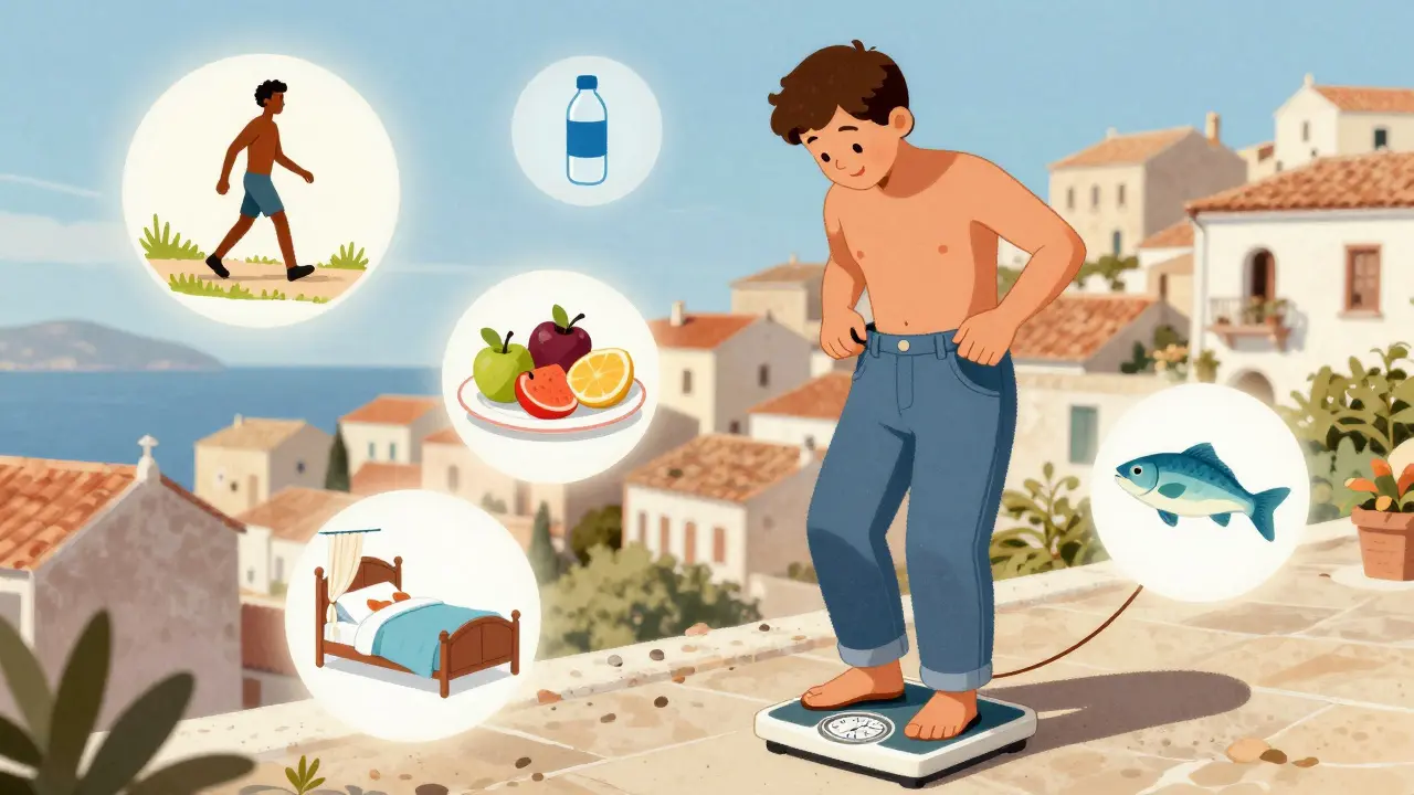 Persona che si pesa una volta a settimana, circondata da simboli di attività fisica, acqua e sonno sereno.