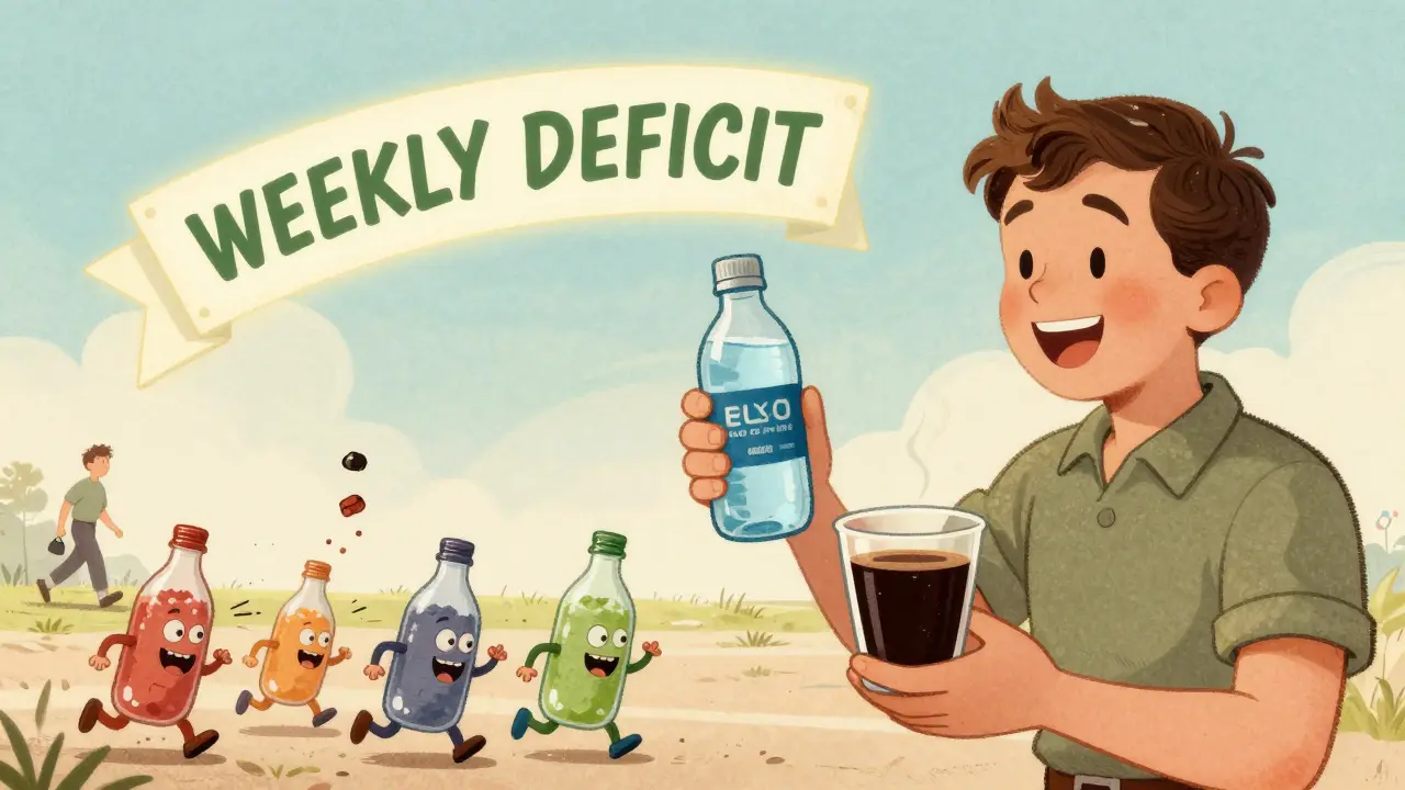 Persona che sostituisce bevande zuccherate con acqua e caffè nero, mentre i rifiuti diventano mostri grassi che scappano.