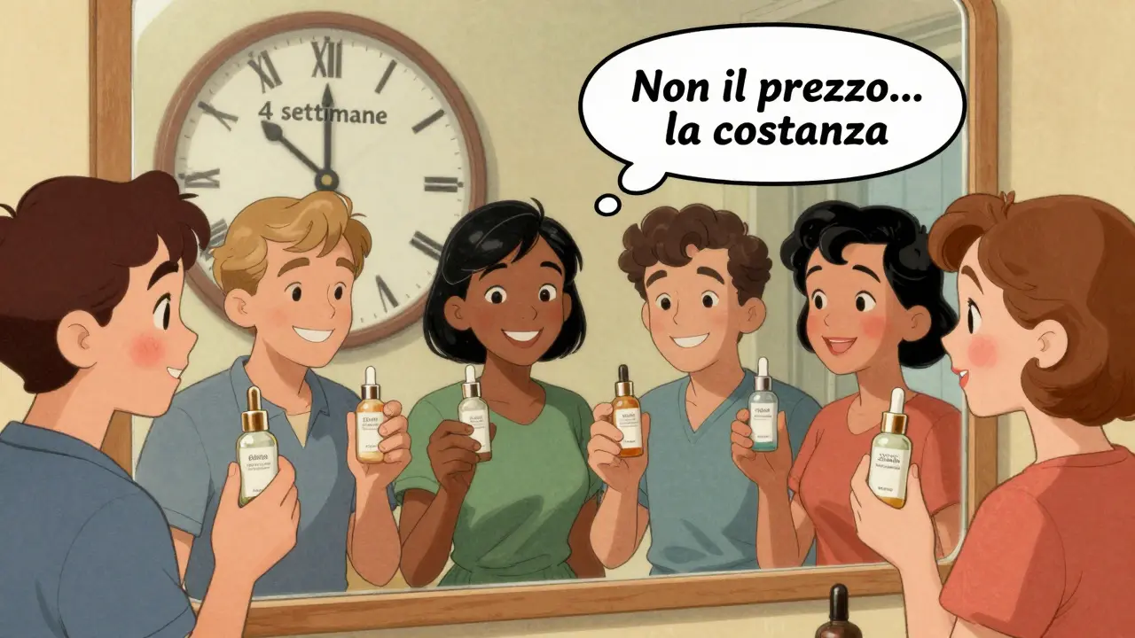 Persone di diverse età che sorridono allo specchio con pelle migliorata, tenendo sieri economici mentre un orologio indica '4 settimane'.