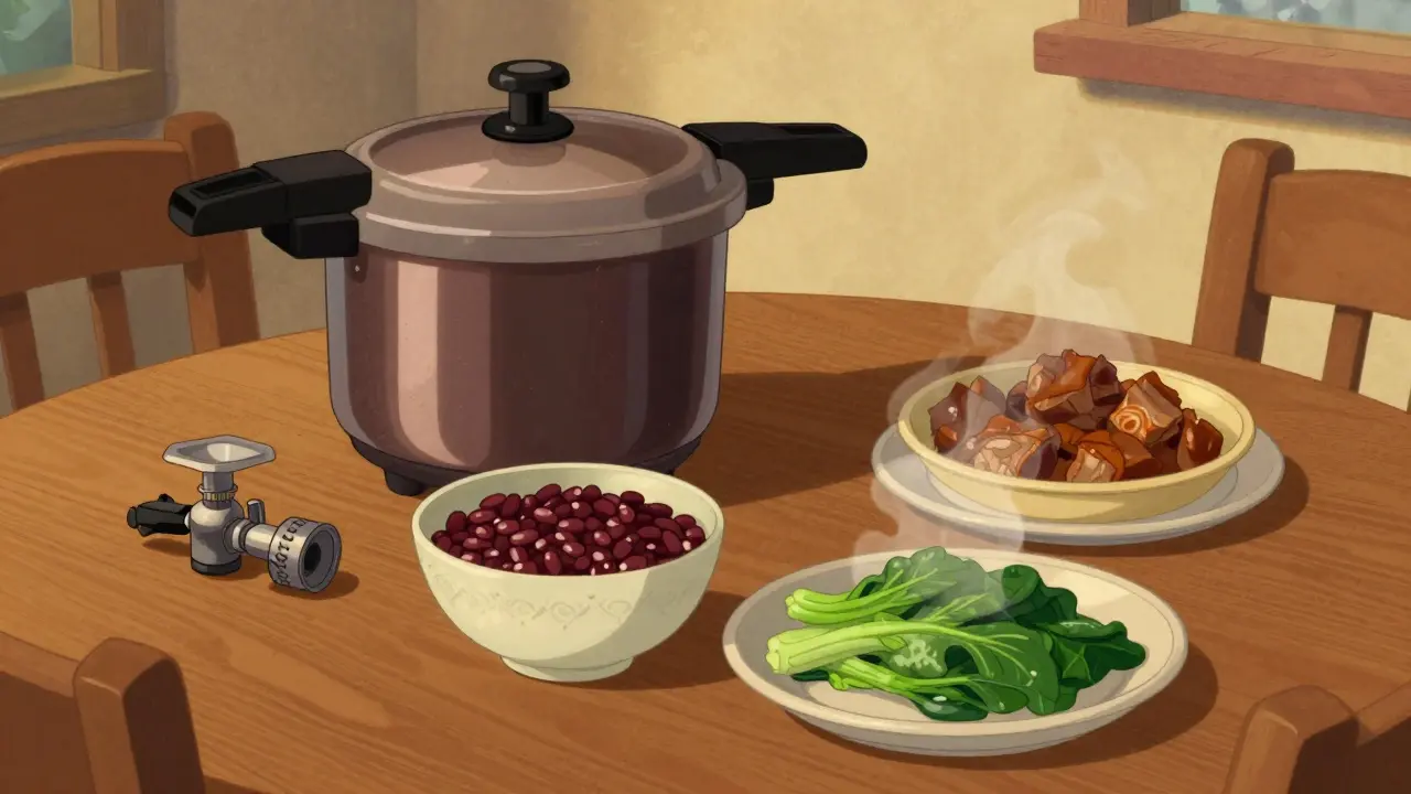 Piatti vari di legumi e carne cotti in modo sicuro e veloce.