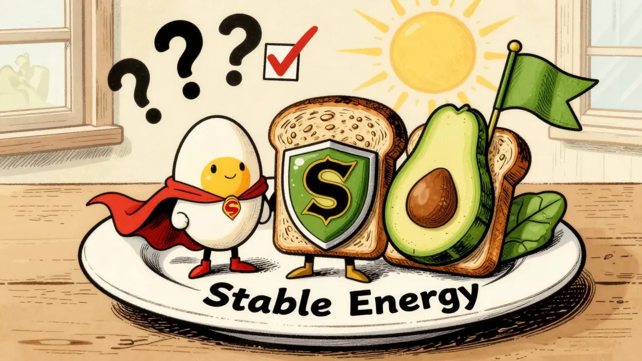 Piatto di colazione salata come supereroe con uovo in mantella, pane scudo e avocado armatura.