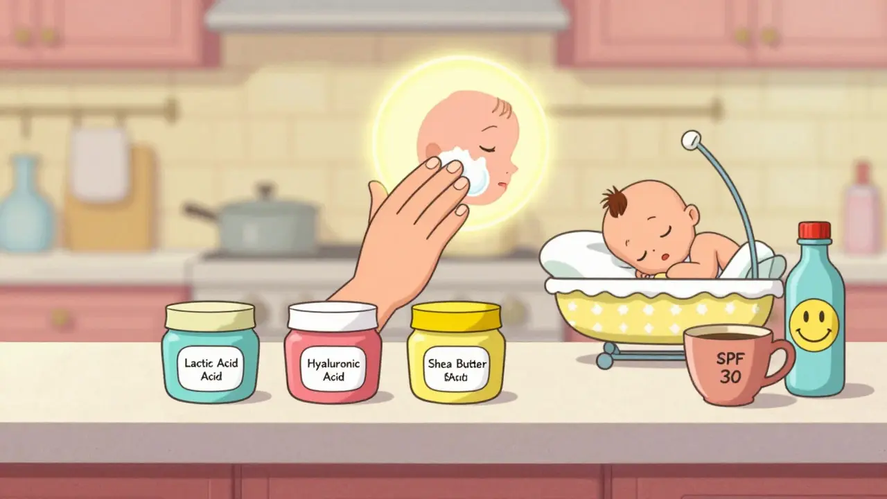 Quattro ingredienti per la cura della pelle post-parto disposti come eroi, con una mano che applica crema sotto lo sguardo tranquillo di un bambino che dorme.